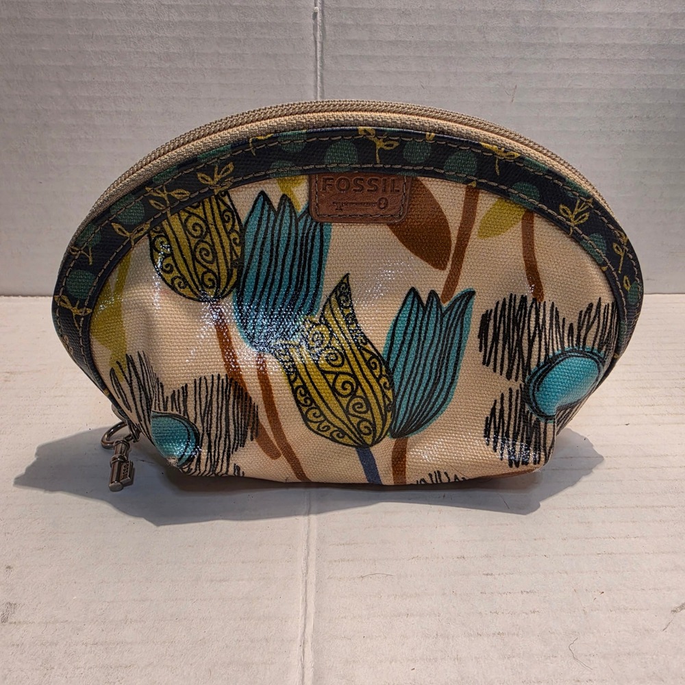 Fossil Key-Per Floral Tulip Coated Canvas Cosmetic Bag Makeup Pouch Multi-Color
